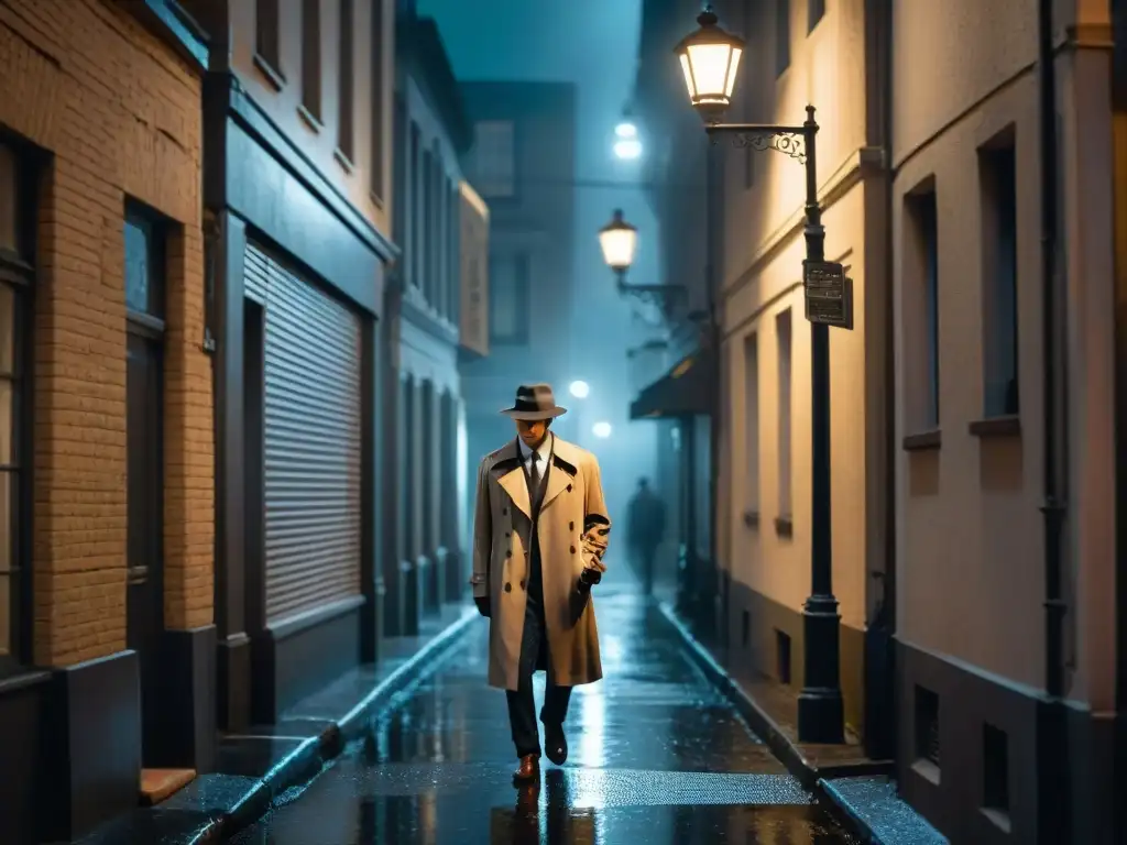 Un detective solitario bajo la lluvia en un callejón oscuro, evocando el ambiente misterioso de una escena de cine negro en blanco y negro