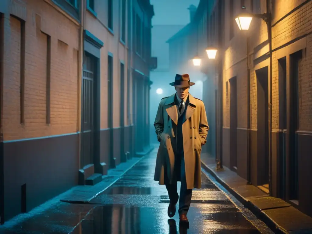 Un detective solitario bajo la lluvia en un callejón oscuro, con una estética noir