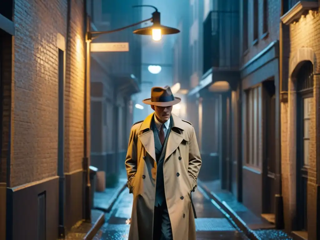 Un detective solitario bajo la lluvia en un callejón oscuro, con sombrero y gabardina, bajo la luz de una farola intermitente