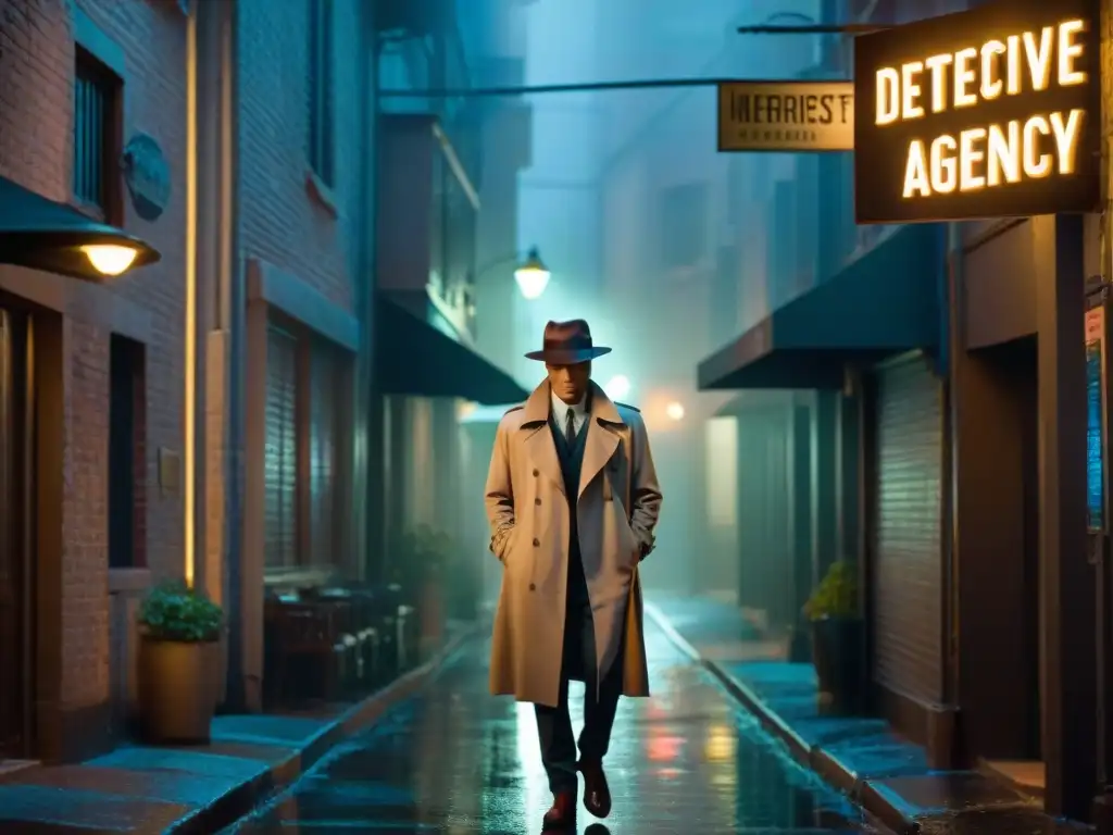 Detective solitario bajo la lluvia en el callejón oscuro Un detective solitario bajo la lluvia en un callejón oscuro