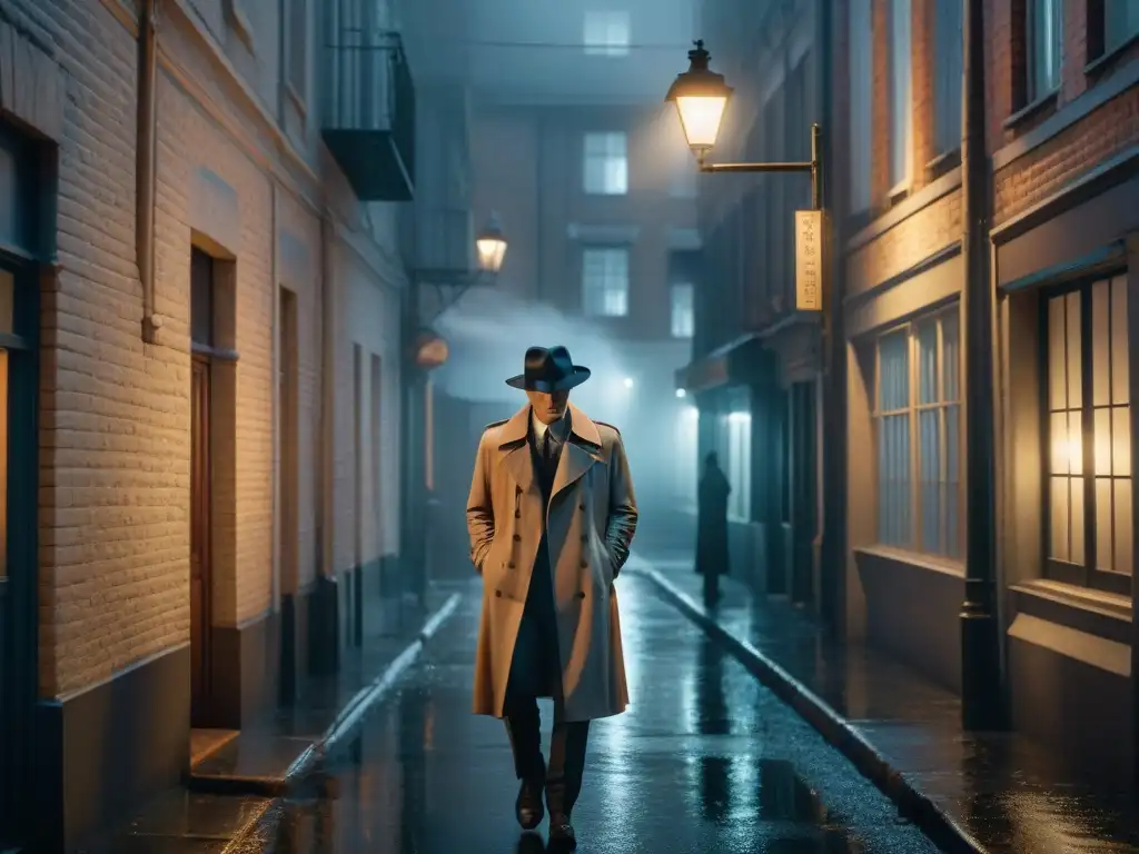 Un detective solitario bajo la lluvia en un callejón oscuro, en blanco y negro