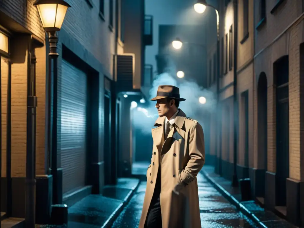 Un detective solitario bajo la lluvia en un callejón oscuro de blanco y negro, evocando flashbacks en el género detectivesco