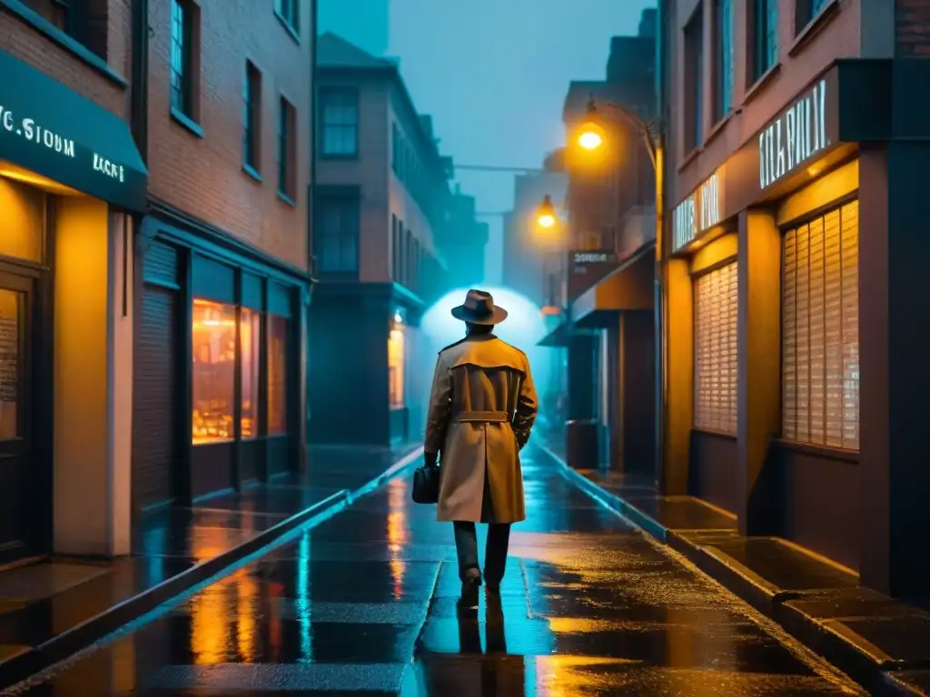 Un detective solitario bajo la lluvia en un callejón oscuro, reflejos neón, ambiente noir