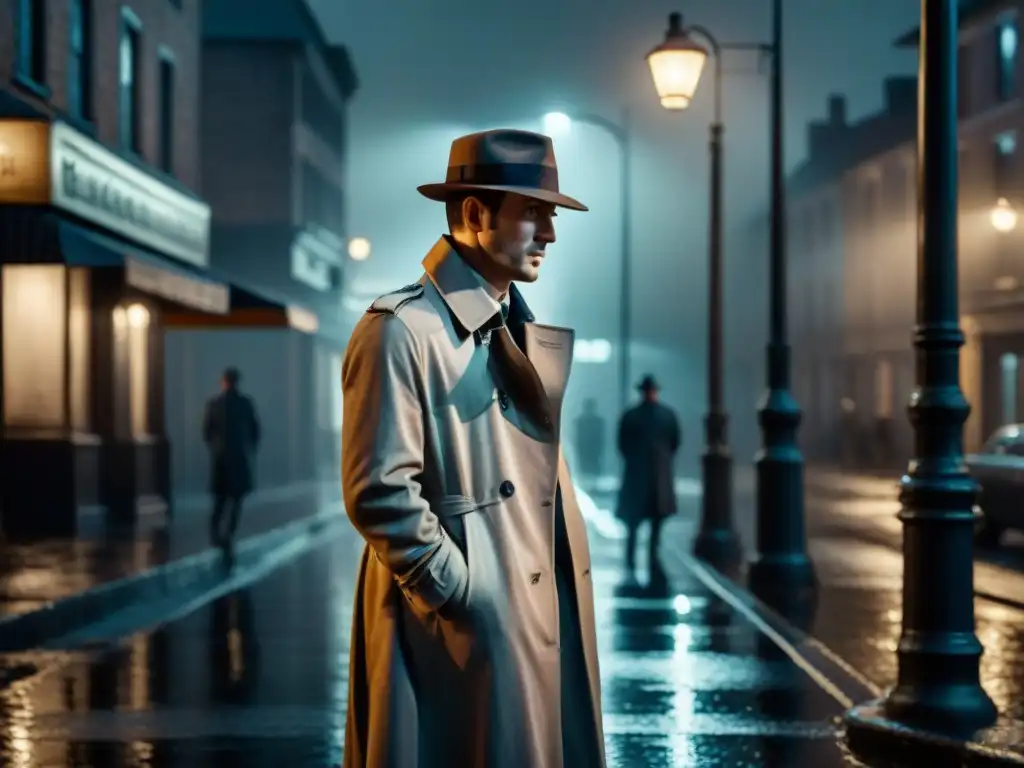 Un detective solitario bajo la lluvia en la ciudad, usando un sombrero y gabardina, iluminado por una farola tenue