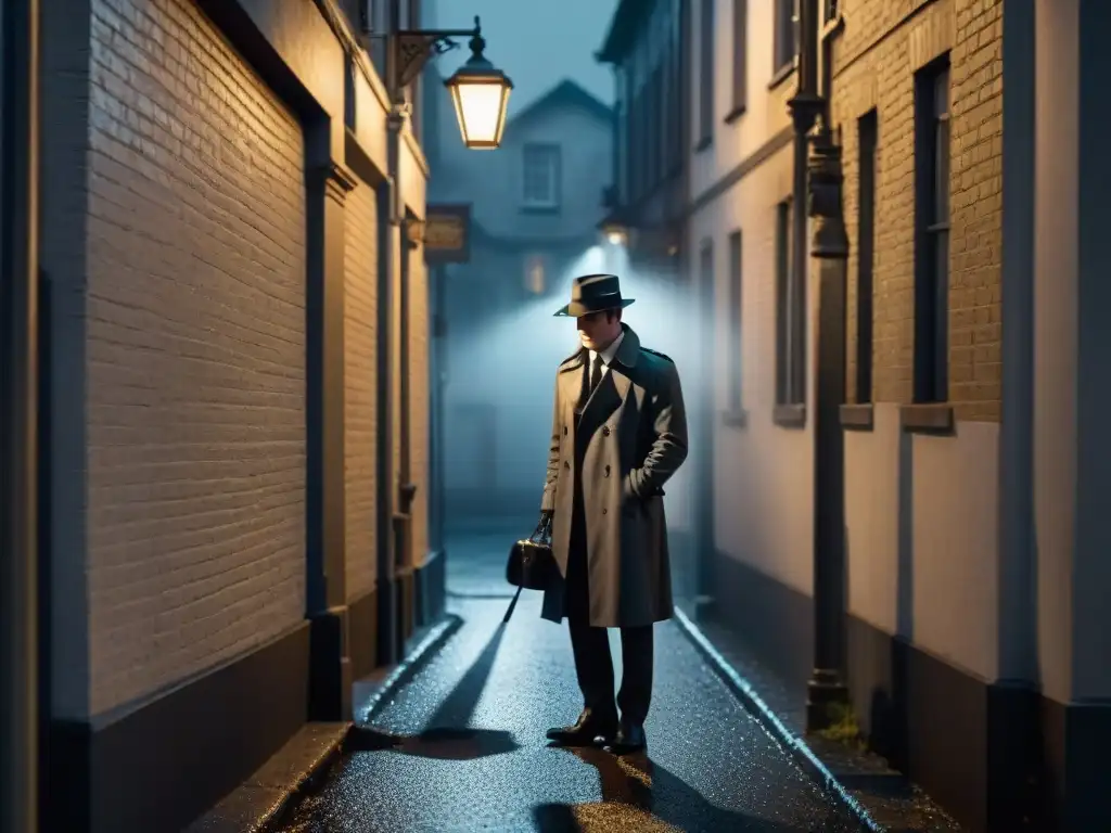 Detective en solitario bajo la lluvia, examinando una pista en un callejón oscuro