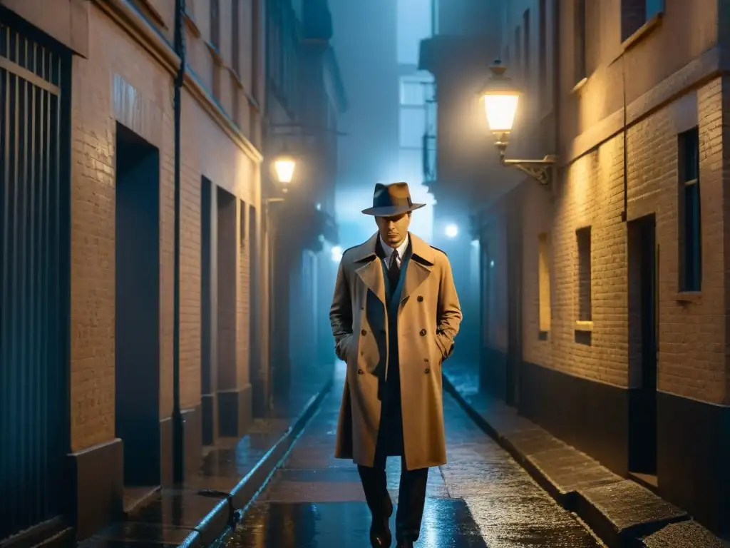 Un detective solitario bajo la luz de la calle en la neblina, capturando la esencia de una escena clásica de Film Noir