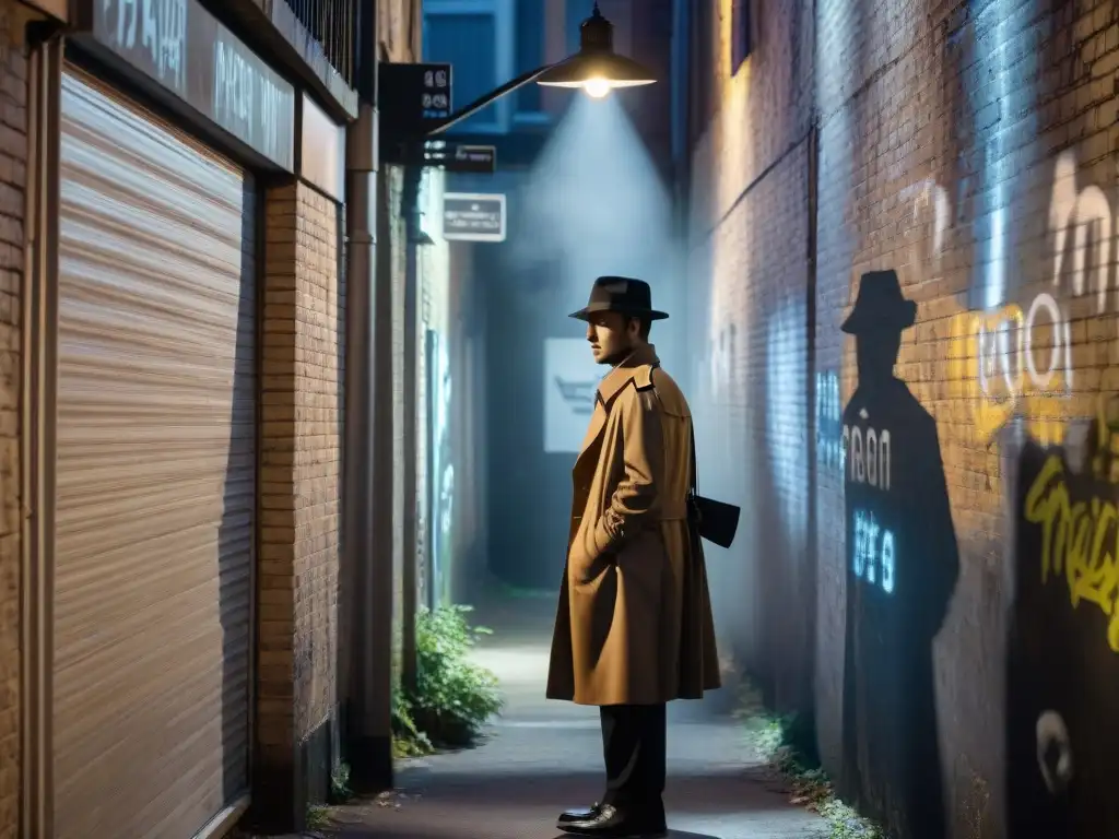 Un detective solitario bajo la luz de la calle en un callejón oscuro, reflejos criminales en sociedad