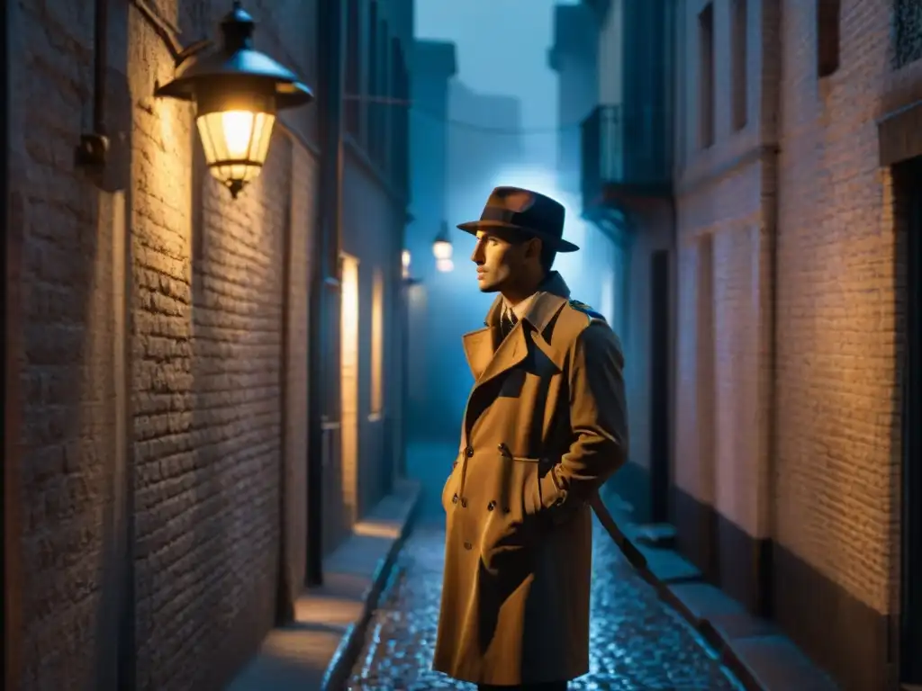 Un detective solitario fumando bajo la luz de la calle en un callejón oscuro y húmedo