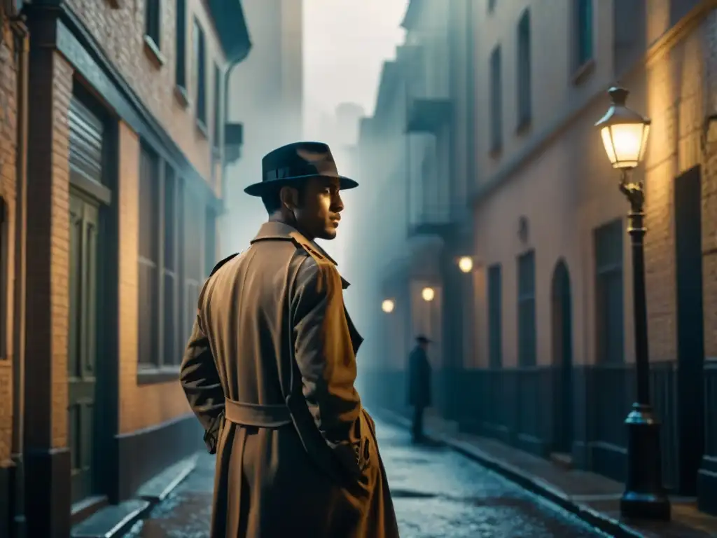 Un detective solitario bajo la luz de la farola en un callejón lluvioso, inspirado en el cine noir