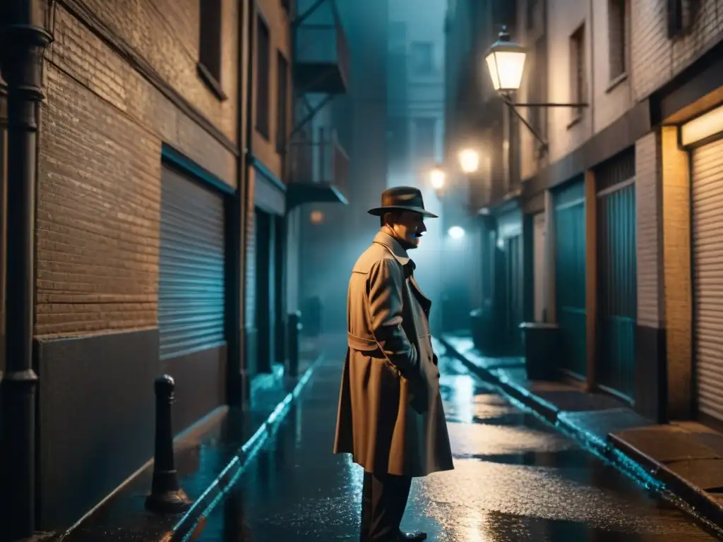 Un detective solitario bajo la luz de una farola en un callejón urbano lluvioso, evocando el estilo de antihéroes en detectives cine televisión