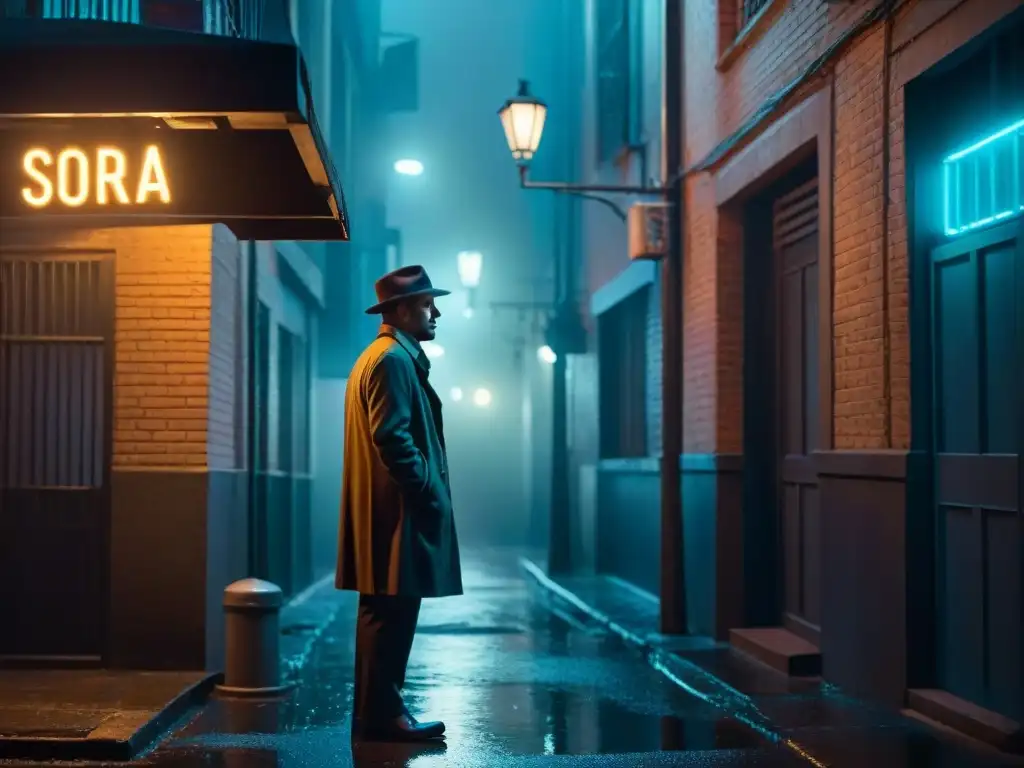 Un detective solitario bajo la luz de la farola, reflejando el Síndrome del impostor detectives en una atmósfera de misterio urbano