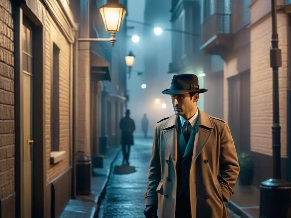 Un detective solitario bajo la luz de la farola en un callejón oscuro, evocando la evolución del héroe detective en cine