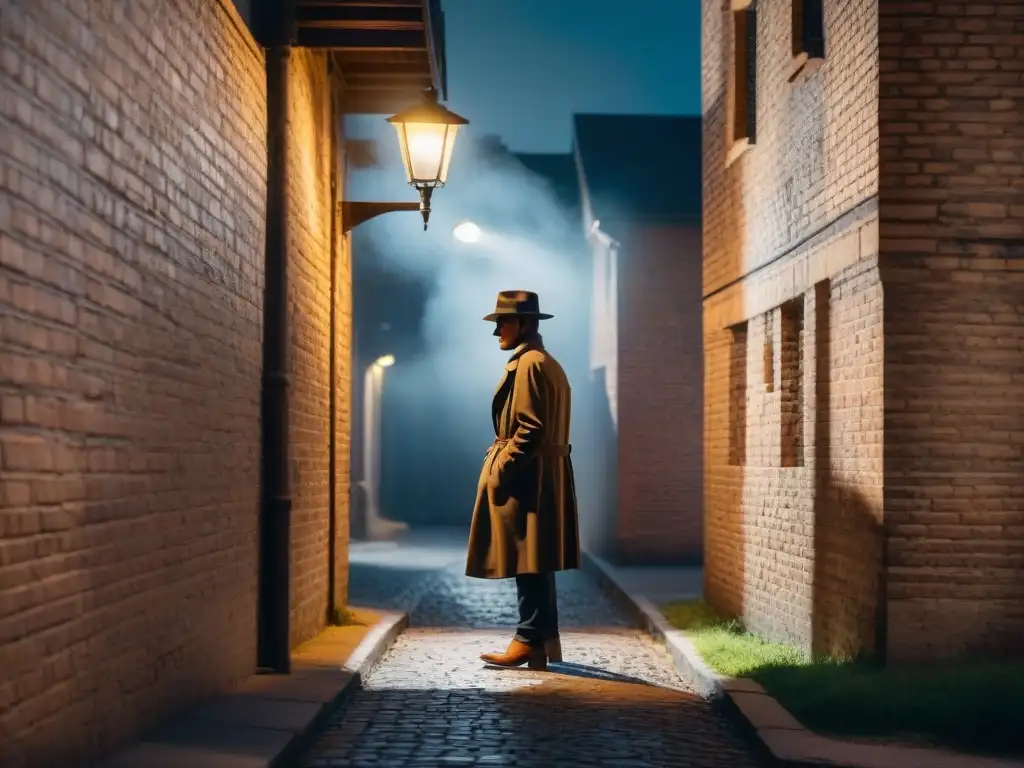 Un detective solitario bajo la luz de la farola en un callejón oscuro