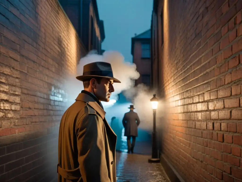 Un detective solitario bajo la luz de la farola en un callejón oscuro, evocando el misterio de los Detectives en cine y televisión