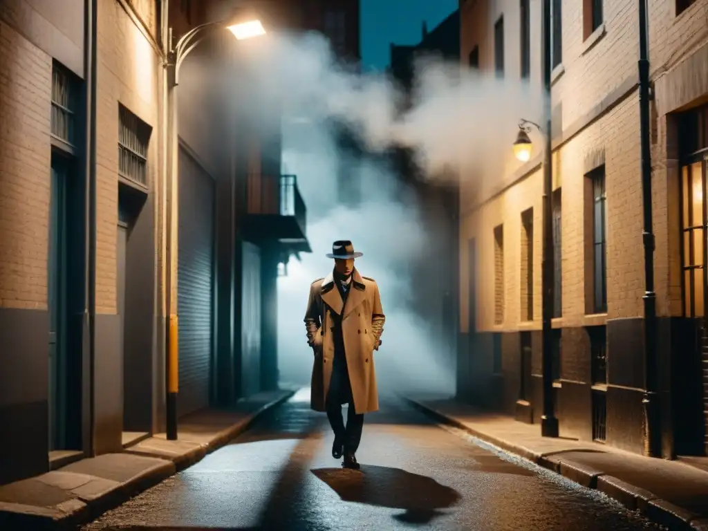 Un detective solitario bajo la luz de la farola en un callejón oscuro, enfatizando la intriga y misterio del cine negro