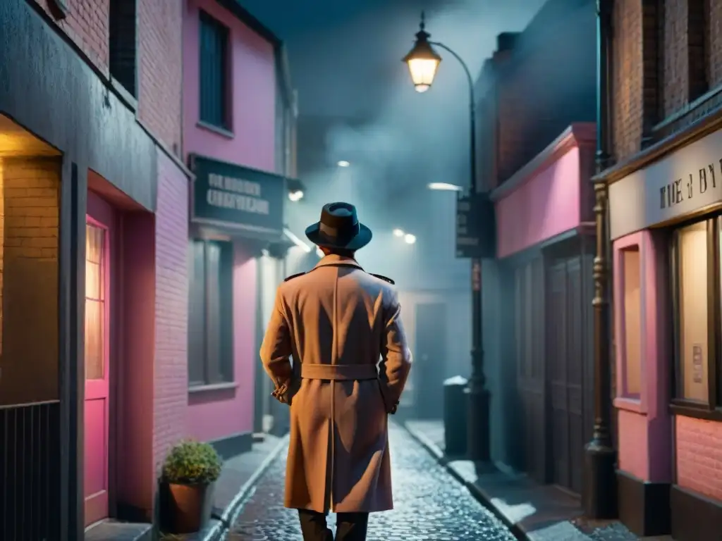 Un detective solitario bajo la luz de la farola en un callejón oscuro, evocando el suspense de 'The Pink Panther comedia suspense'