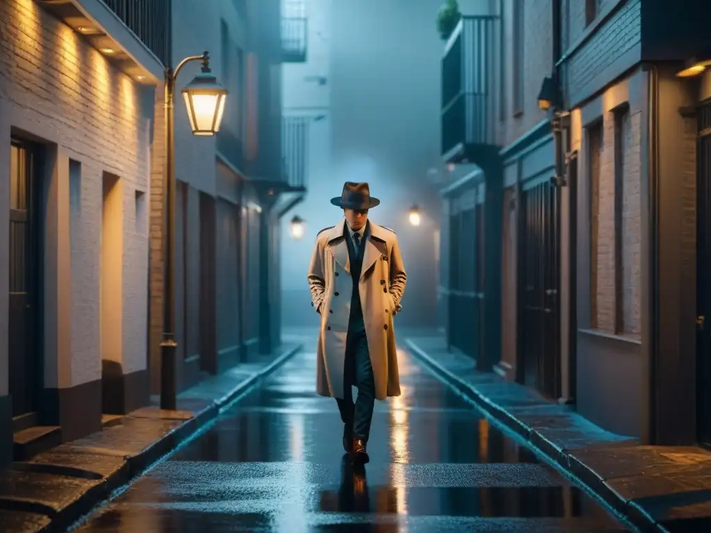 Detective de la IA: Misterio en el callejón oscuro Un detective solitario bajo la luz de la farola en un callejón oscuro en blanco y negro