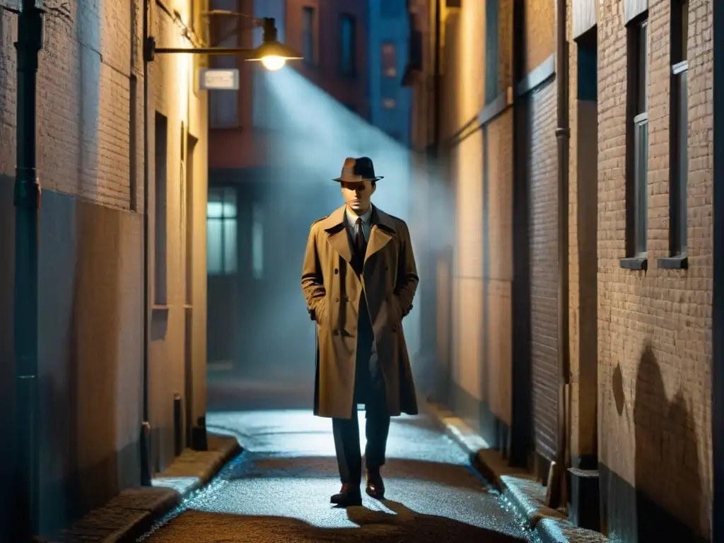 Un detective solitario bajo la luz de la farola en un callejón oscuro, evocando una narración no lineal detectives en el cine noir