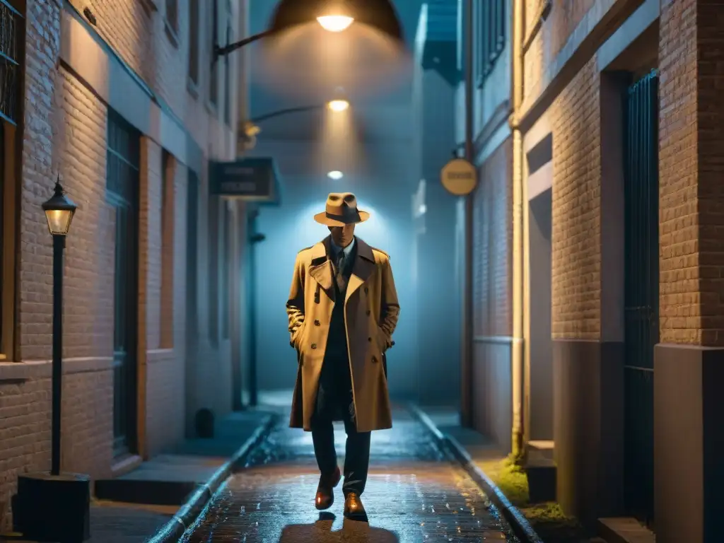 Un detective solitario bajo la luz de la farola en un callejón oscuro