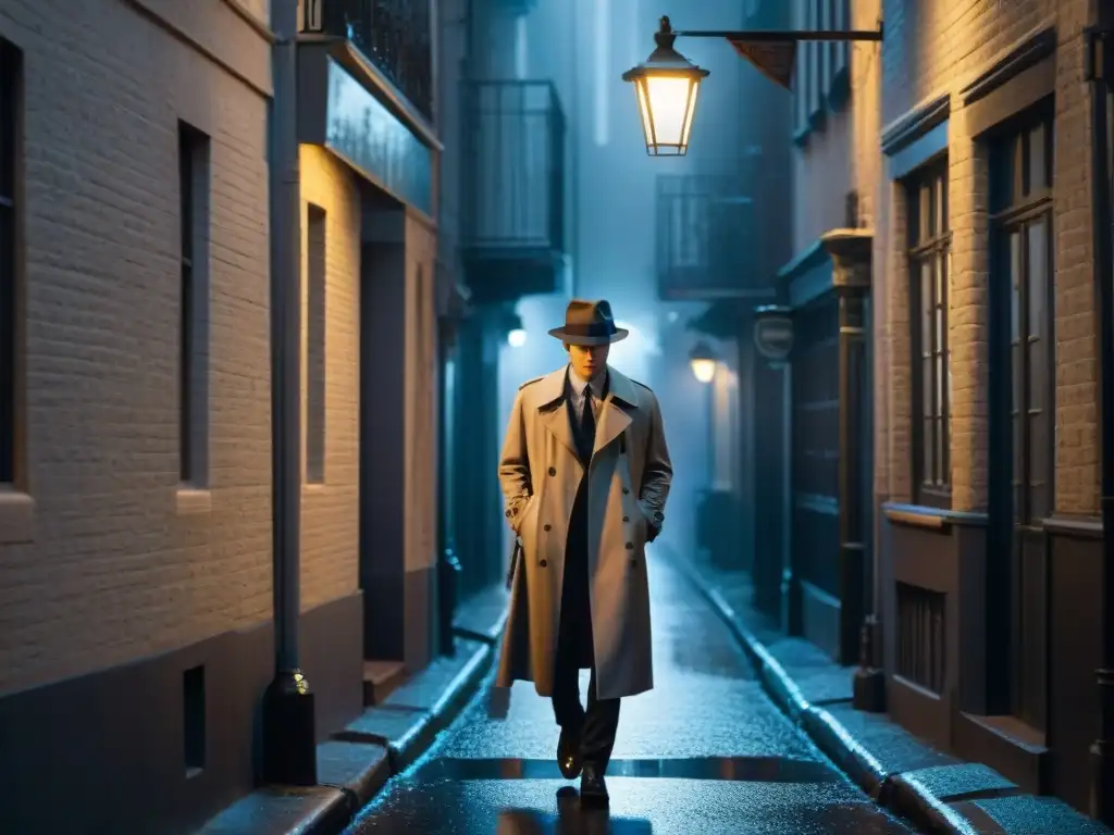 Un detective solitario bajo la luz de una farola en un callejón oscuro y lluvioso en blanco y negro, evocando misterio y drama