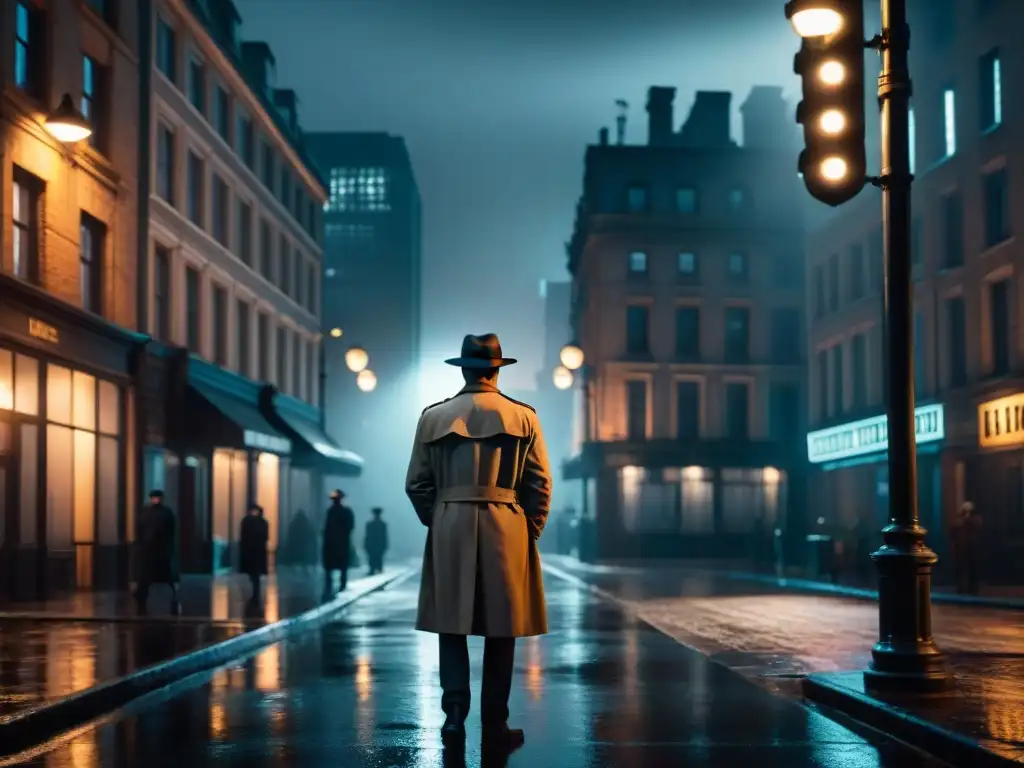Detective solitario bajo la luz de la calle: imagen Film Noir Un detective solitario bajo la luz de la farola en una noche lluviosa, evocando dramas personales en procedimentales policíacos
