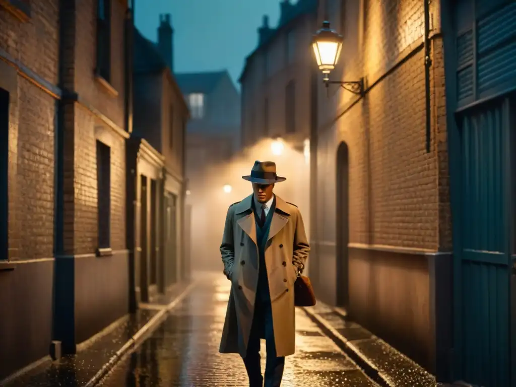 Un detective solitario bajo la luz de la farola en un callejón oscuro y lluvioso, evocando la inspiración de la literatura noir