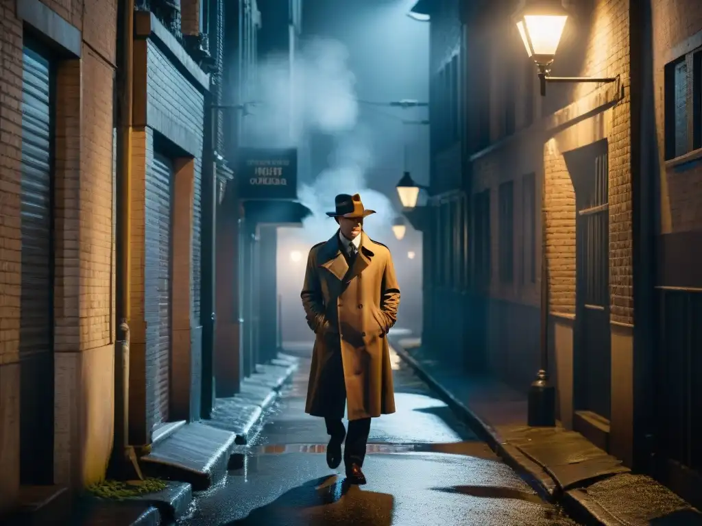 Detective en la penumbra: Intriga nocturna en el callejón Un detective solitario bajo la luz de la farola en un callejón oscuro, envuelto en misterio
