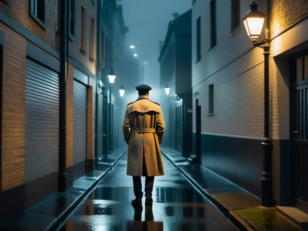 Misterio y suspense en callejón oscuro bajo la lluvia Un detective solitario bajo la luz de una farola en un callejón oscuro y lluvioso en blanco y negro, evocando misterio psicológico adaptado al cine