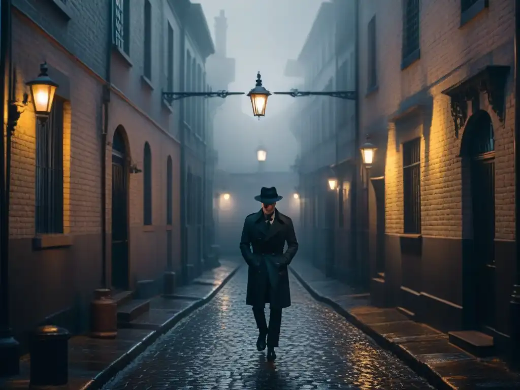 Un detective solitario bajo la luz de la farola en un callejón sombrío en una noche de niebla, evocando la influencia de Edgar Allan Poe