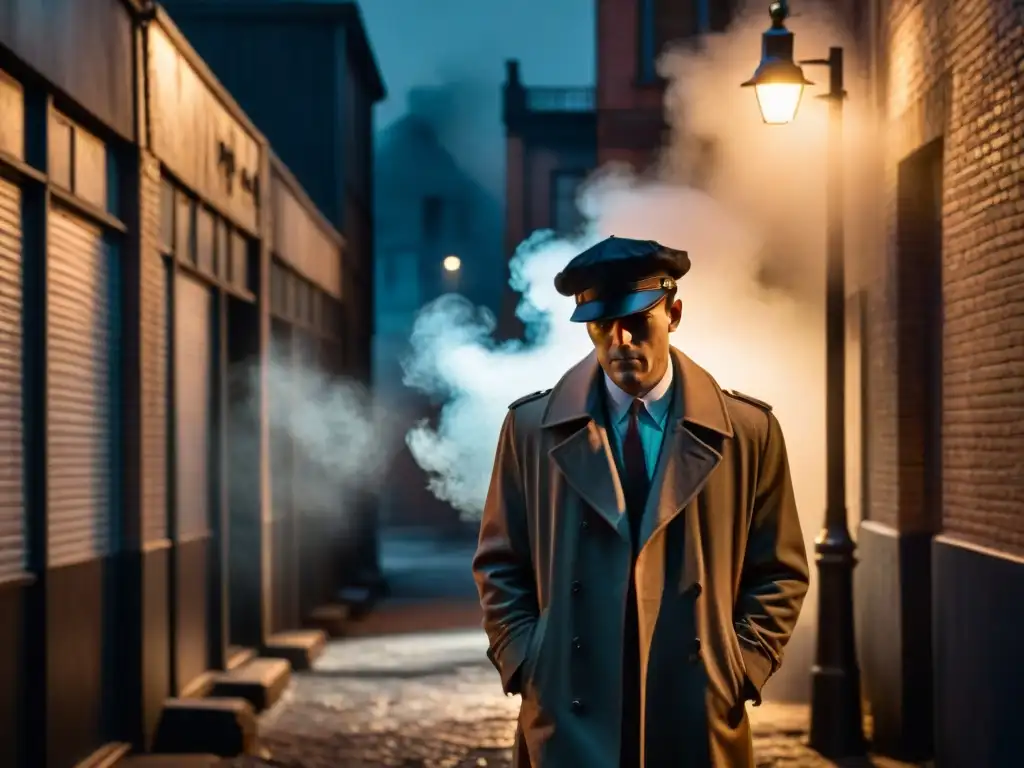 Detective misterioso bajo la luz de la calle Un detective solitario bajo la luz de la farola en un callejón oscuro