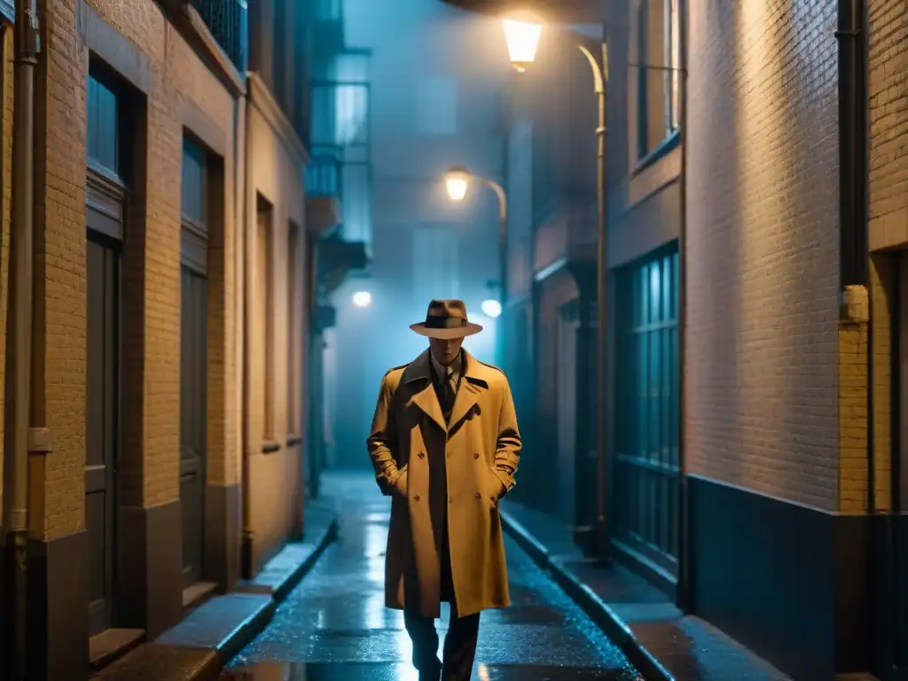 Escena misteriosa de Film Noir en un callejón nocturno Un detective solitario bajo la luz de la farola en un callejón oscuro, evocando el misterio del cine negro detectives siglo XXI