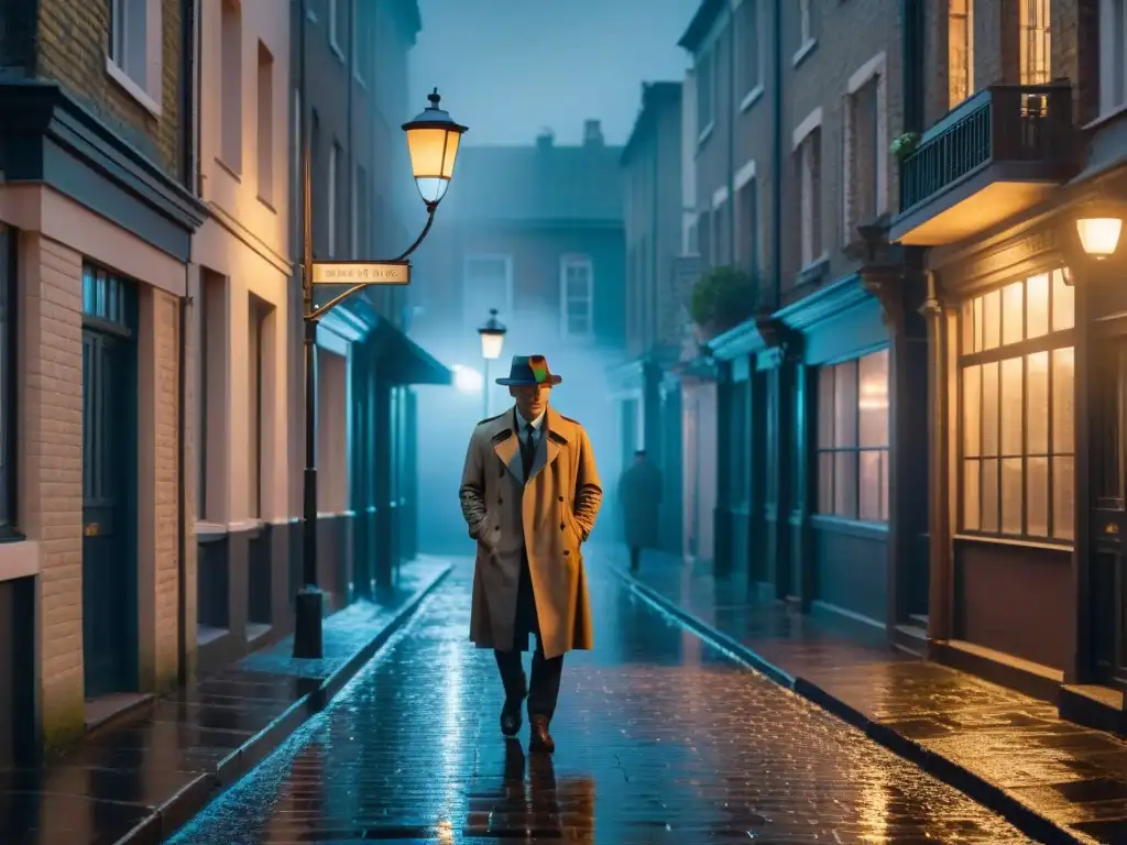 Un detective solitario bajo la luz de la farola en un callejón sombrío de noche, evocando el misterio del cine noir