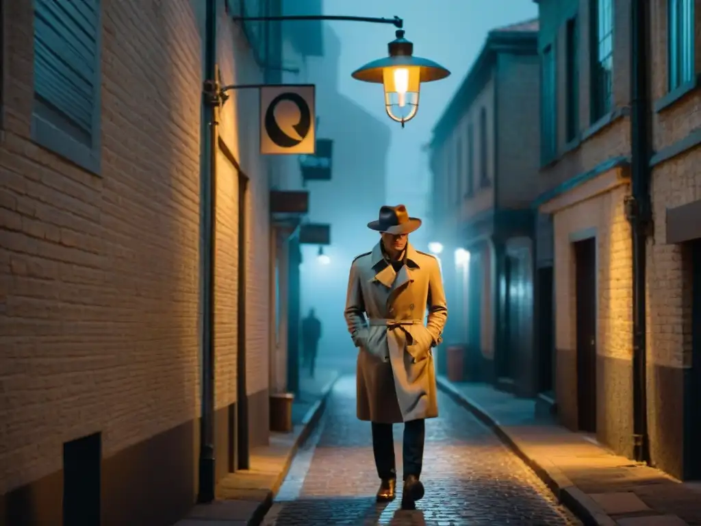 Un detective solitario bajo la luz de la farola en un callejón oscuro, evocando el misterio de los detectives famosos del cine