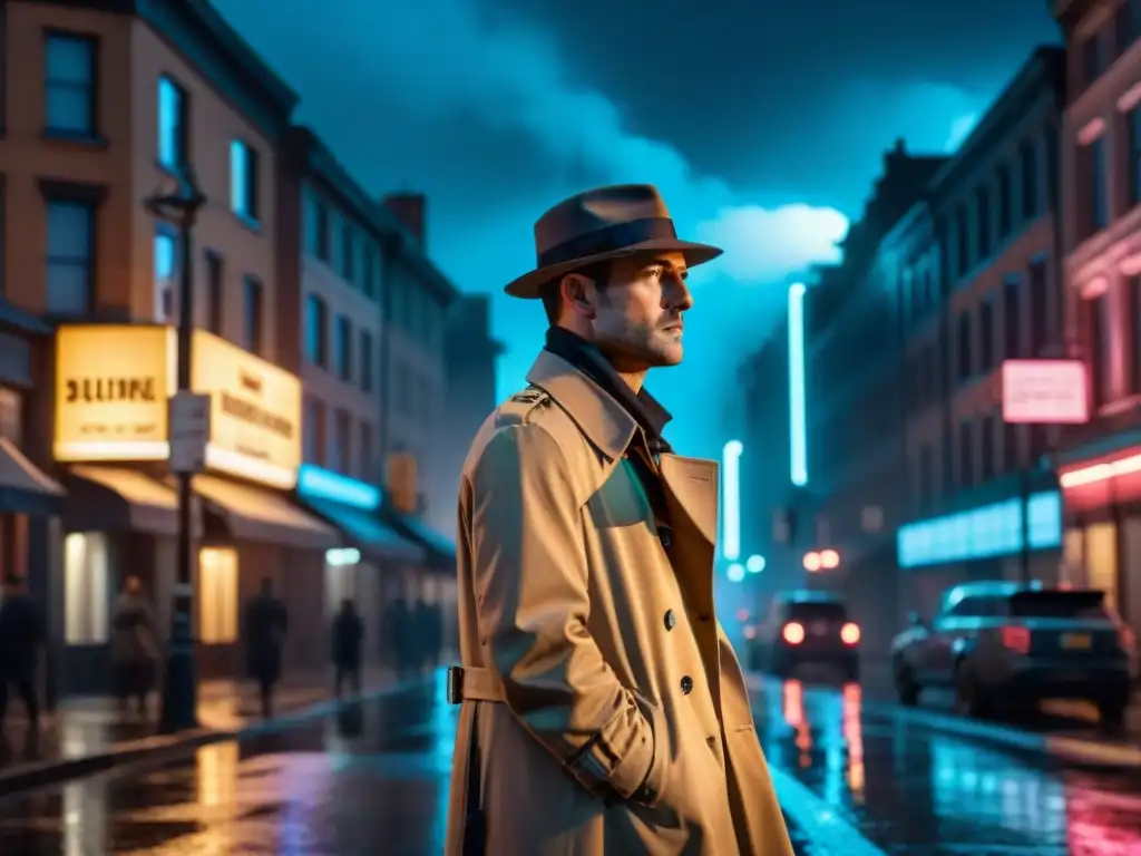 Un detective solitario bajo la luz de la farola, reflejando el misterio urbano y la lluvia