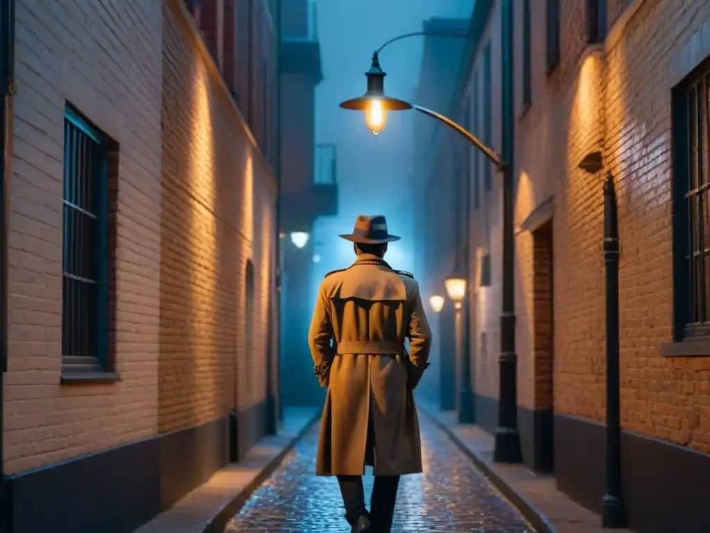 Un detective solitario bajo la luz de la farola en un callejón oscuro