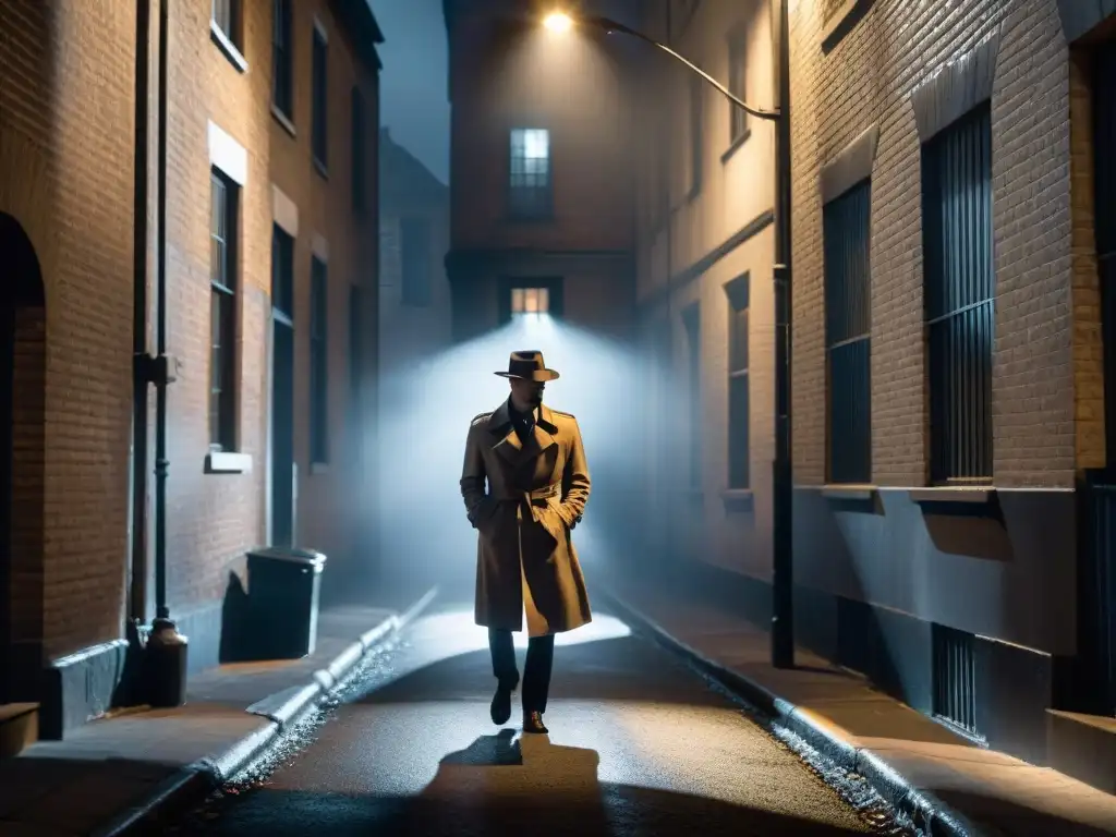 Un detective solitario bajo la luz de la farola en un callejón misterioso