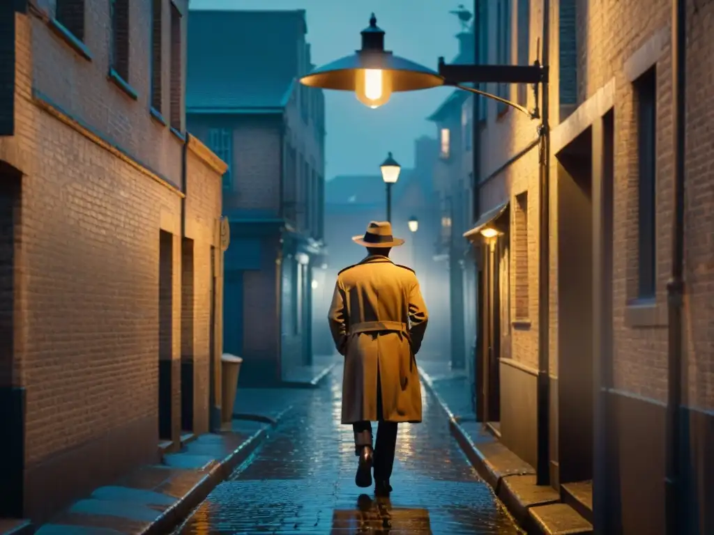 Un detective solitario bajo la luz de la farola en un callejón oscuro, en una escena de intriga y misterio al estilo del cine noir