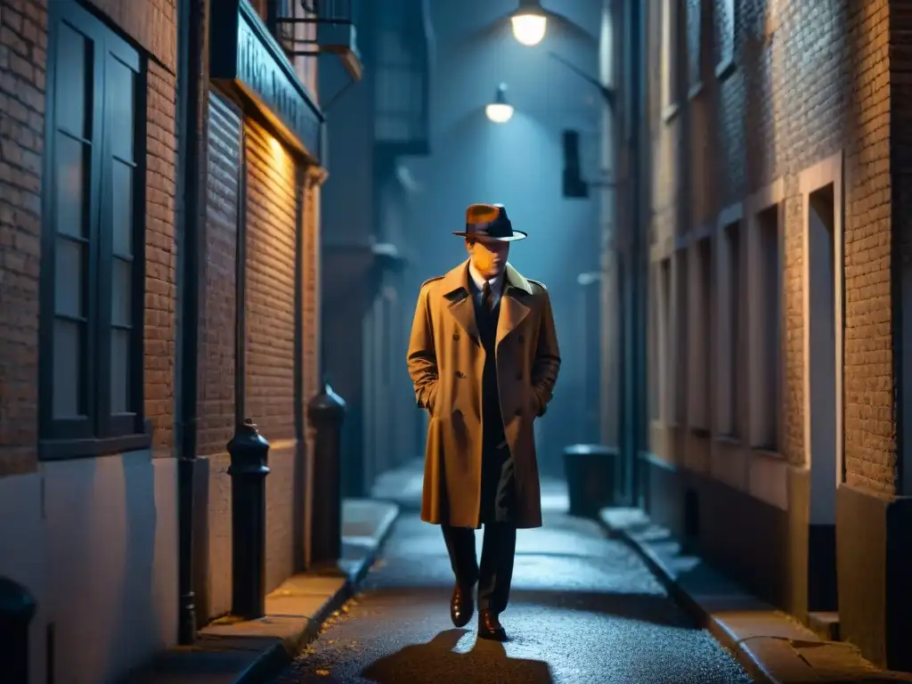 Un detective solitario bajo la luz de la farola en un callejón oscuro