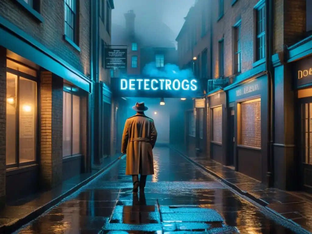 Agencia de Detectives: Misterios en la Noche Lluviosa Un detective solitario bajo la luz de un letrero de neón en un callejón oscuro y lluvioso