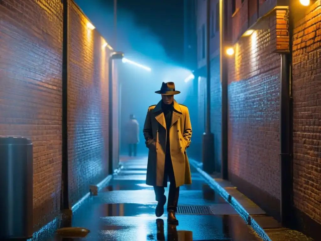 Alleyway futurista: peligro y misterio en la ciudad Un detective solitario bajo la luz de neón en un callejón oscuro de una ciudad futurista, evocando misterio y peligro