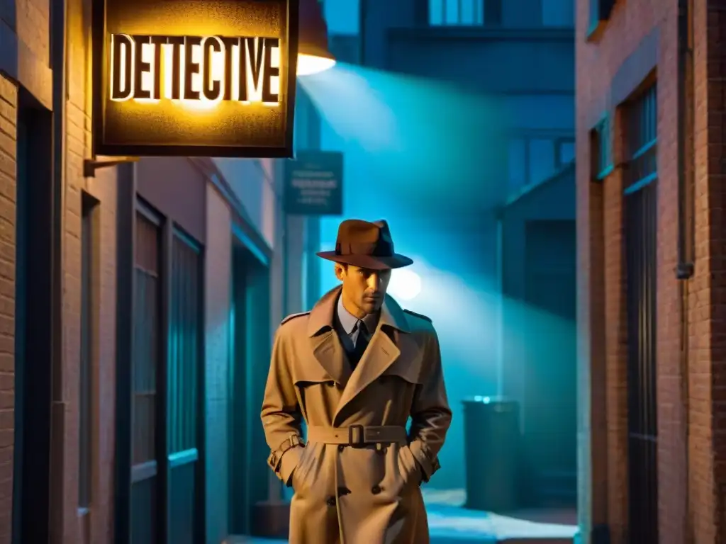 Un detective solitario bajo la luz de neón de 'Ediciones especiales thrillers detectives enriquecen', en un callejón oscuro