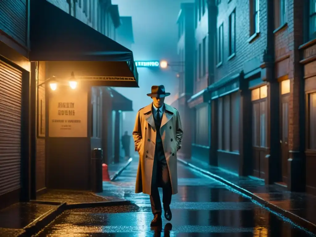 Detective solitario en callejón oscuro, ambiente misterioso y noir Un detective solitario bajo la luz de un neón en un callejón oscuro y húmedo