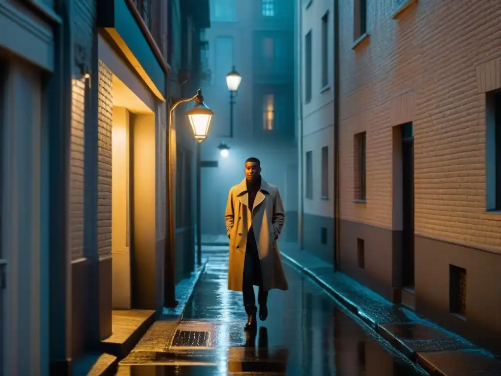 Alleyway nocturno: misterio y suspense bajo la luz Un detective solitario bajo la luz tenue, en un callejón oscuro, evocando la renovación del género de detectives