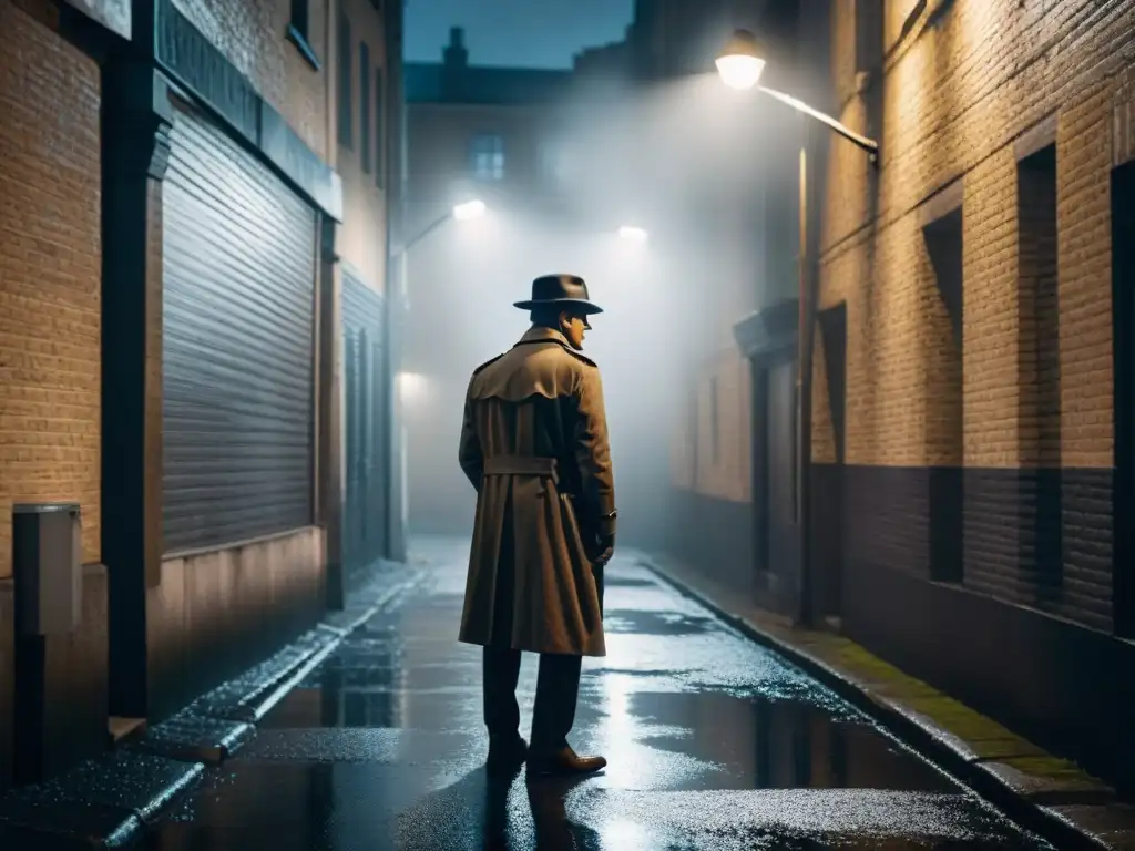 Un detective solitario bajo la luz tenue de la noche lluviosa, adaptando escritura al género detectivesco