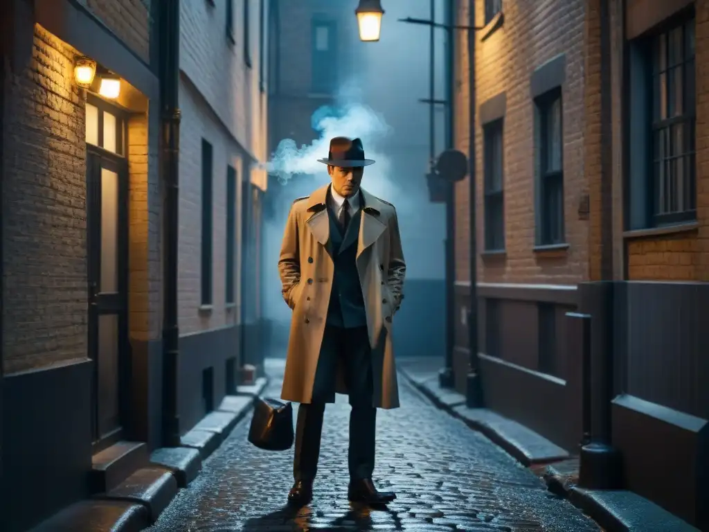 Detective solitario en callejón oscuro: drama y misterio noir Un detective solitario reflexiona bajo la luz tenue de una farola en un callejón oscuro, evocando dramas personales en procedimentales policíacos