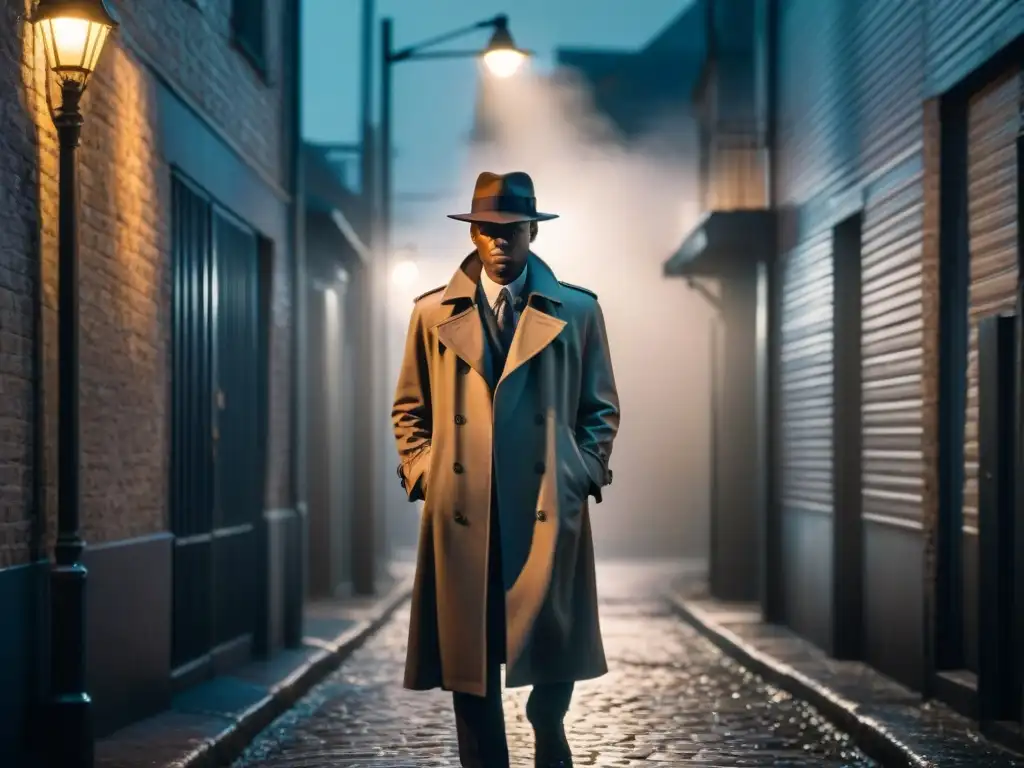 Silueta en la penumbra: misterio y suspense en el callejón oscuro Un detective solitario bajo la luz tenue de una callejuela, evocando el misterio y suspense del cine noir en criminología en cine y televisión