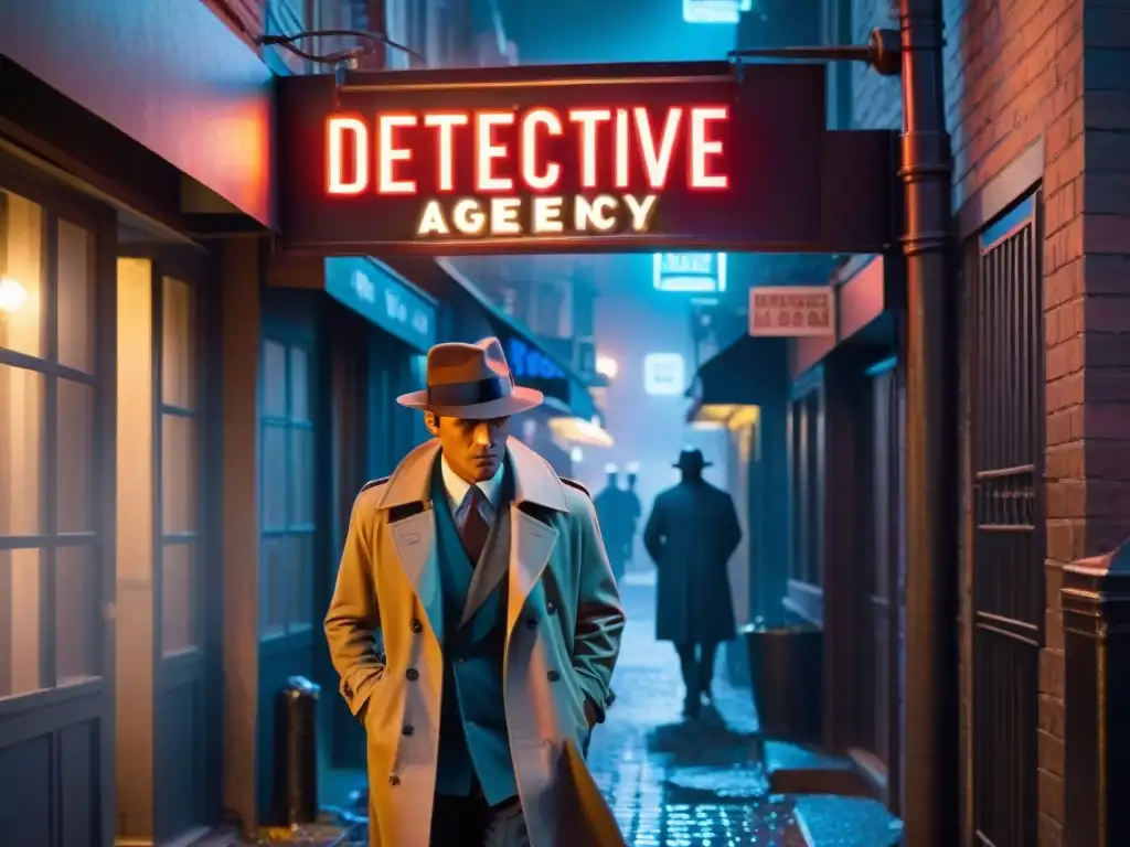 Un detective solitario bajo neón en un callejón nocturno lluvioso, evocando la intriga de una serie detectives Starz análisis