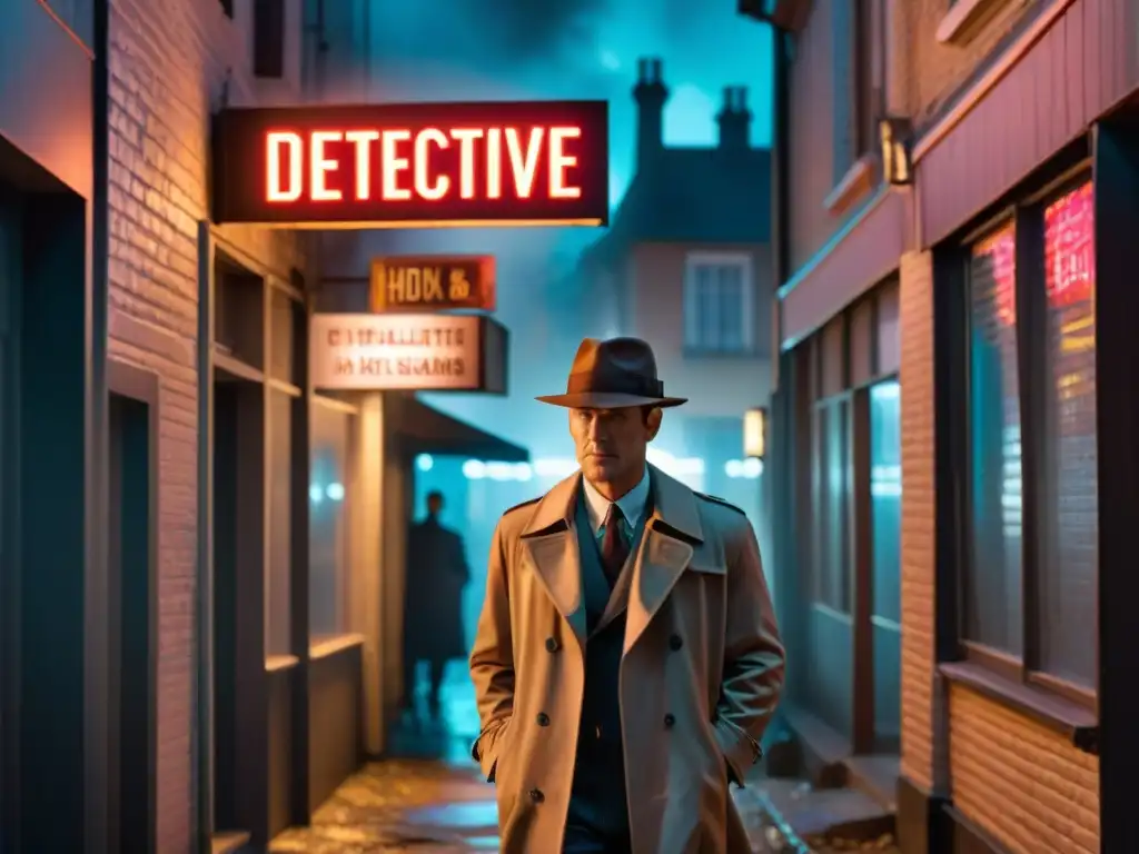 Un detective solitario bajo el neón de 'Detective Agency', evocando el misterio de detectives icónicos en cine y televisión