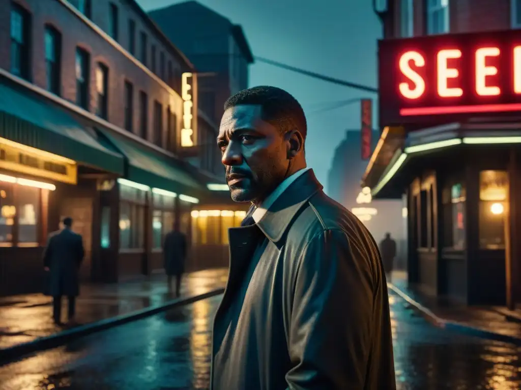 Un detective solitario en la noche lluviosa de la ciudad, reflejando la psicología profunda de detectives en 'Luther'