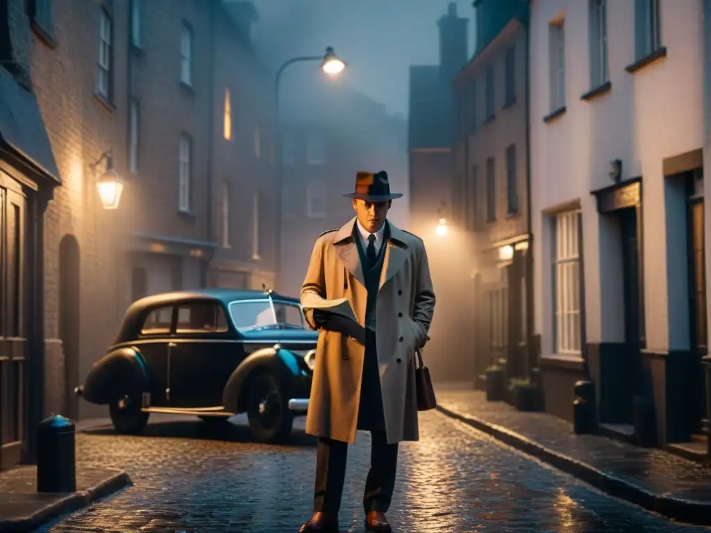 Un detective solitario examina una nota misteriosa bajo la luz de la farola en un callejón oscuro, rodeado de niebla, junto a un coche vintage